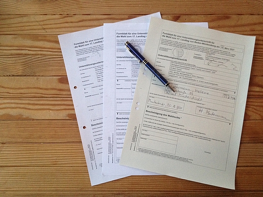 Formulare für Unterstützungsunterschriften für die Zulassung der ÖDP zur Landtagswahl Baden-Württemberg
